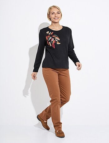 T-shirt col rond uni brodé manches longues