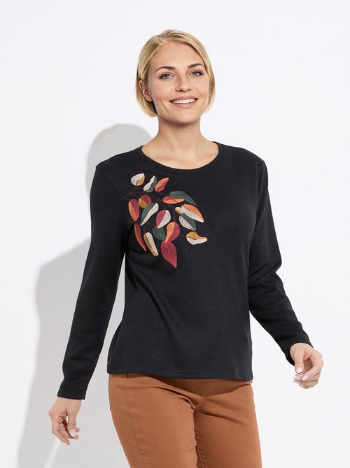 T-shirt col rond uni brodé manches longues - Kiabi