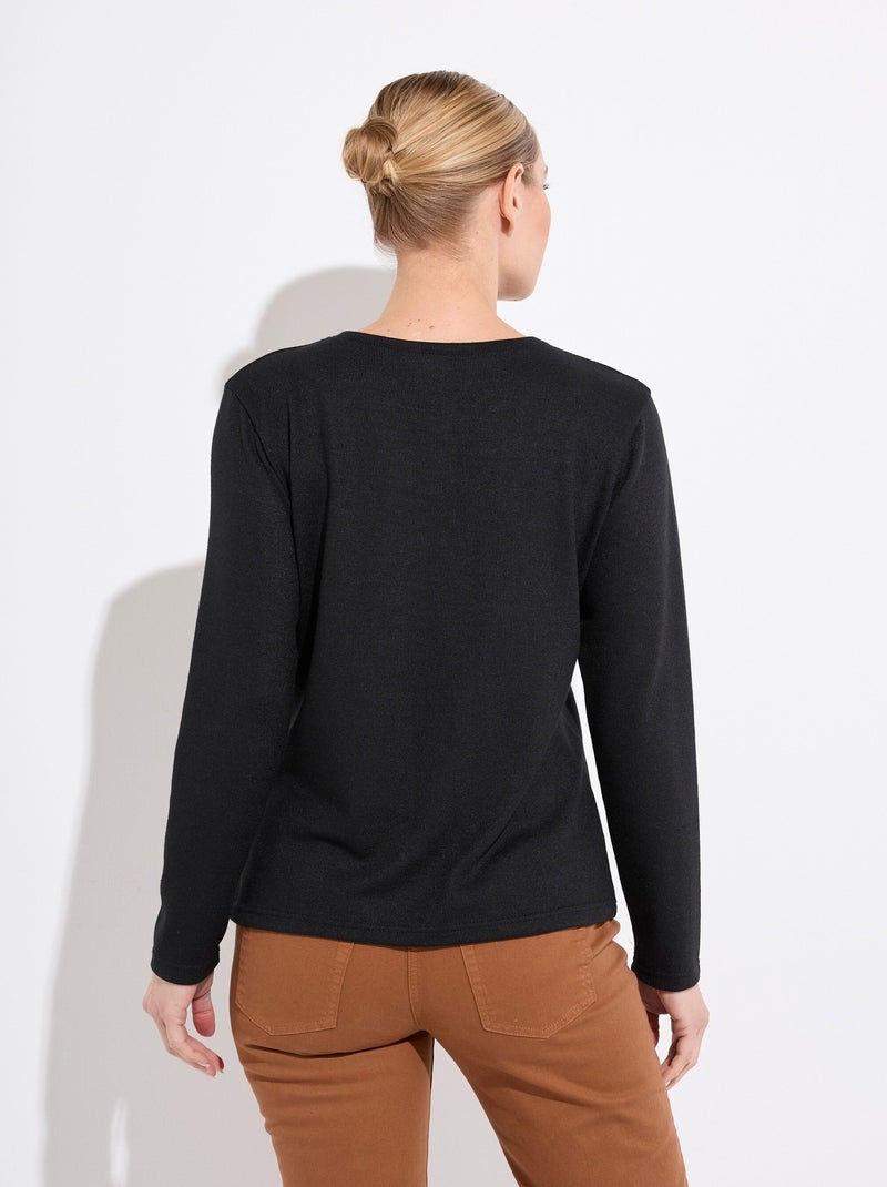 T-shirt col rond uni brodé manches longues Noir - Kiabi