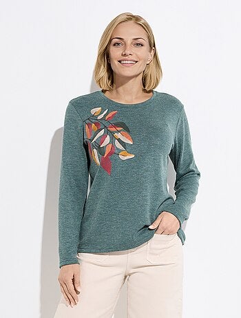 T-shirt col rond uni brodé manches longues