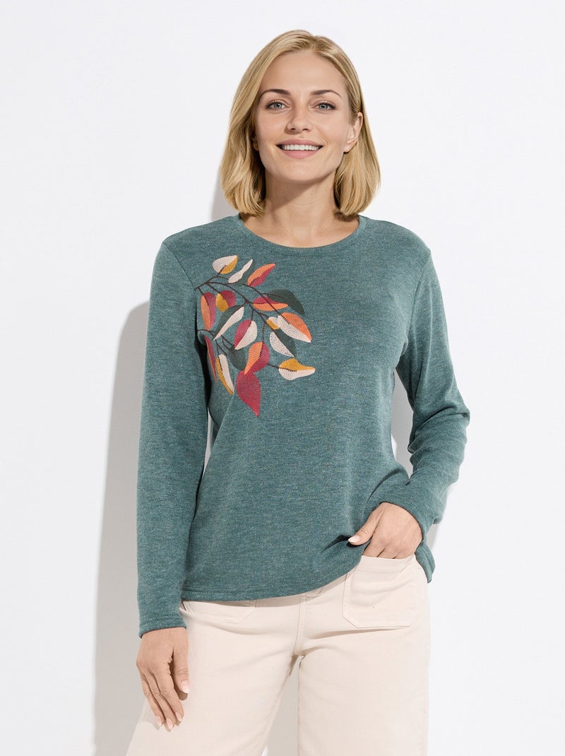T-shirt col rond uni brodé manches longues Vert - Kiabi