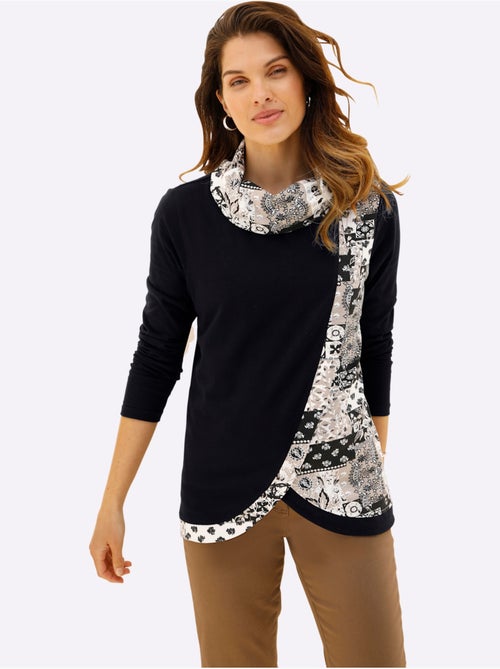 T-shirt col roulé avec empiècements imprimés et manches longues - taille standard - moda vilona - Kiabi