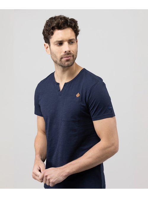 T-shirt col tunisien bleu marine Homme - Terre de Marins - Kiabi
