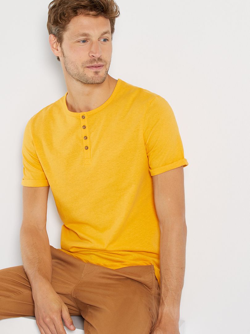 T-shirt col tunisien jaune - Kiabi