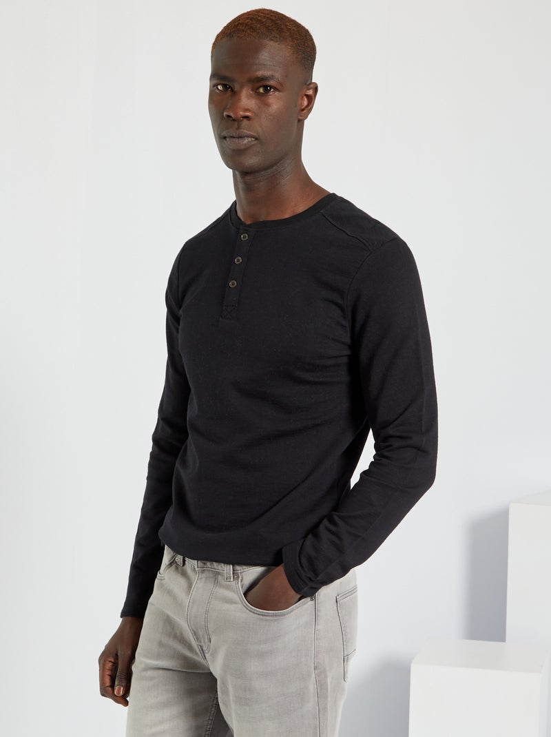 T-shirt col tunisien noir - Kiabi
