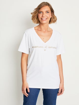 T-shirt col V à message brodé
