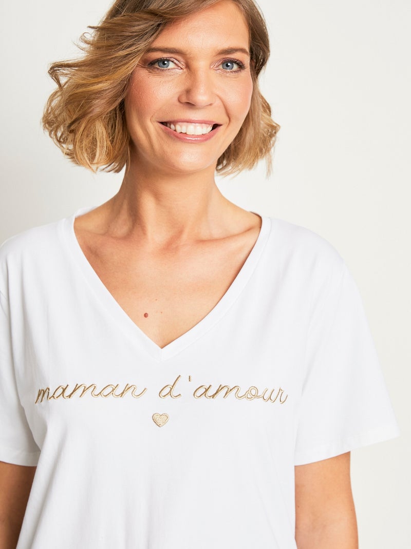 T-shirt col V à message brodé Blanc - Kiabi