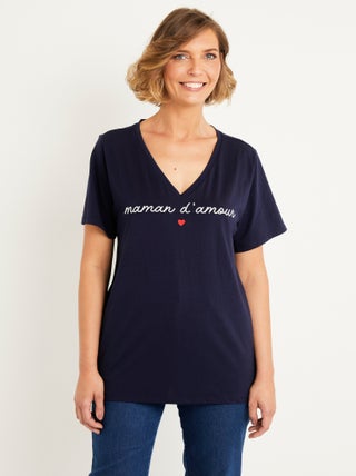 T-shirt col V à message brodé