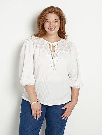 T-shirt col V à nouer manches 3/4 voile