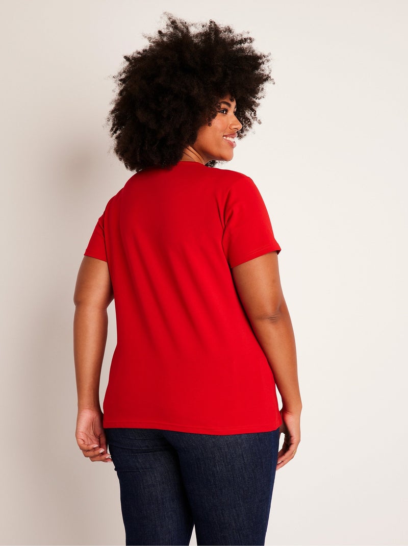 T-shirt col V ajouré brodé Rouge - Kiabi
