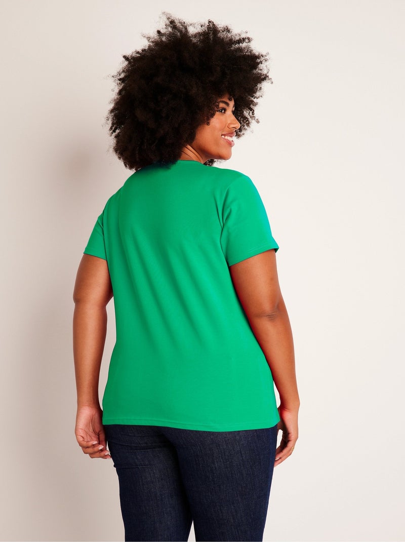 T-shirt col V ajouré brodé Vert - Kiabi