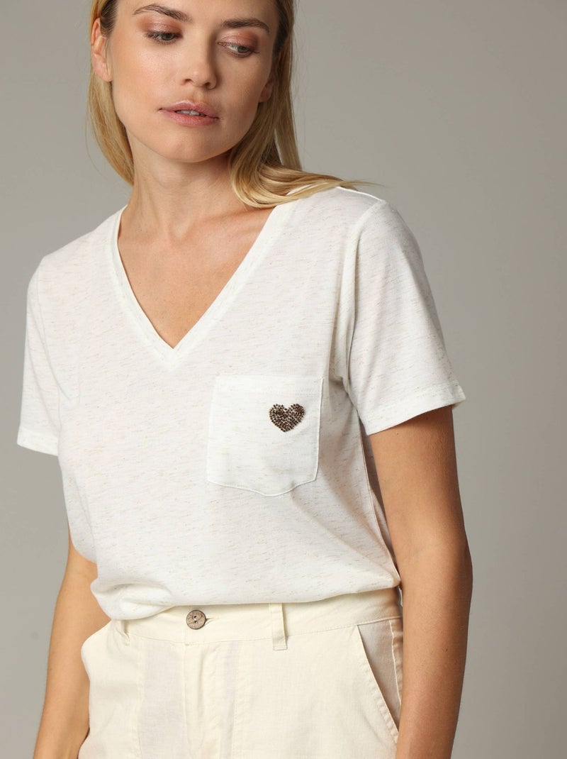 T-shirt col V avec détail coeur  'Deeluxe' Blanc - Kiabi