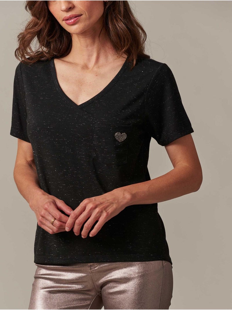 T-shirt col V avec détail coeur  'Deeluxe' Noir - Kiabi