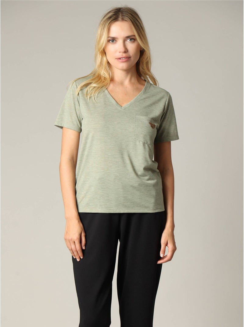 T-shirt col V avec détail coeur  'Deeluxe' Vert kaki clair - Kiabi