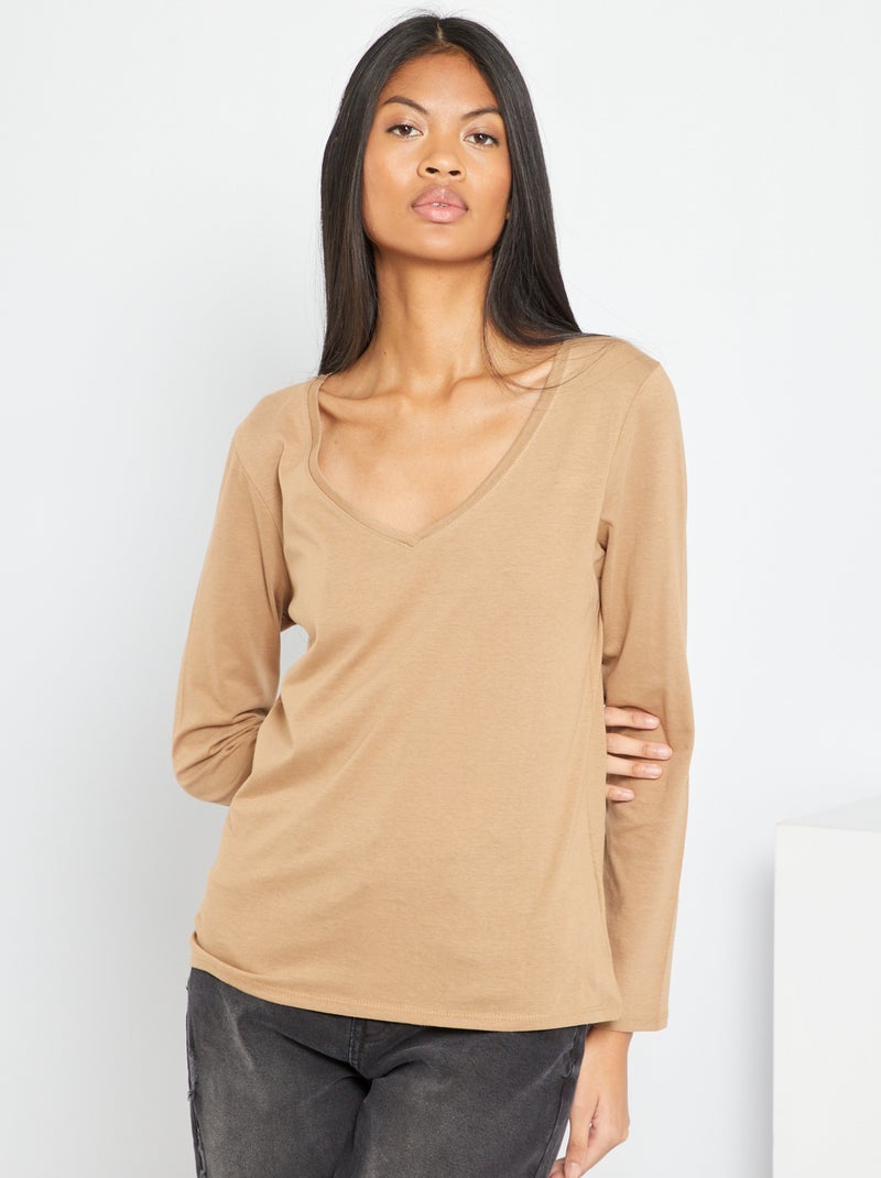 T-shirt col V Beige - Kiabi