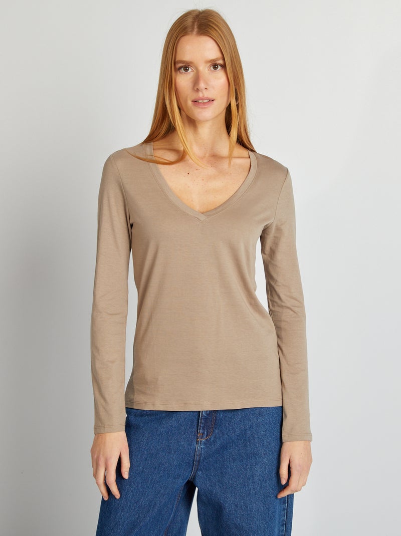T-shirt col V Beige - Kiabi