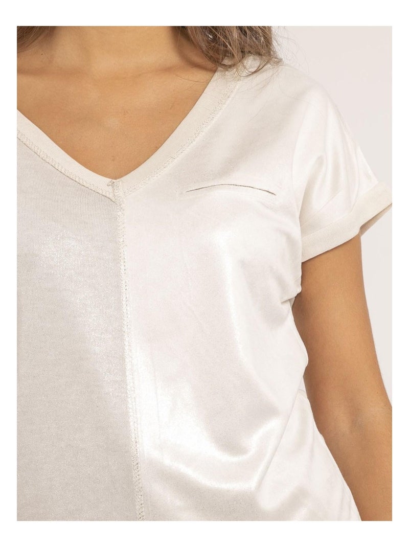 T-shirt col V bimatière FAZZY Beige - Kiabi