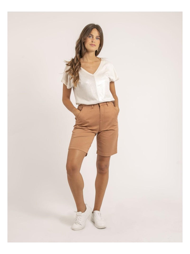 T-shirt col V bimatière FAZZY Beige - Kiabi