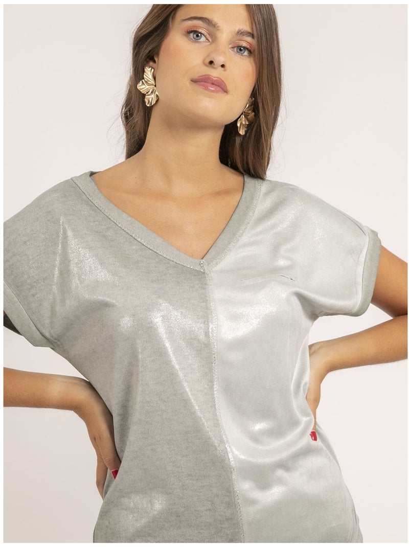 T-shirt col V bimatière FAZZY Kaki - Kiabi