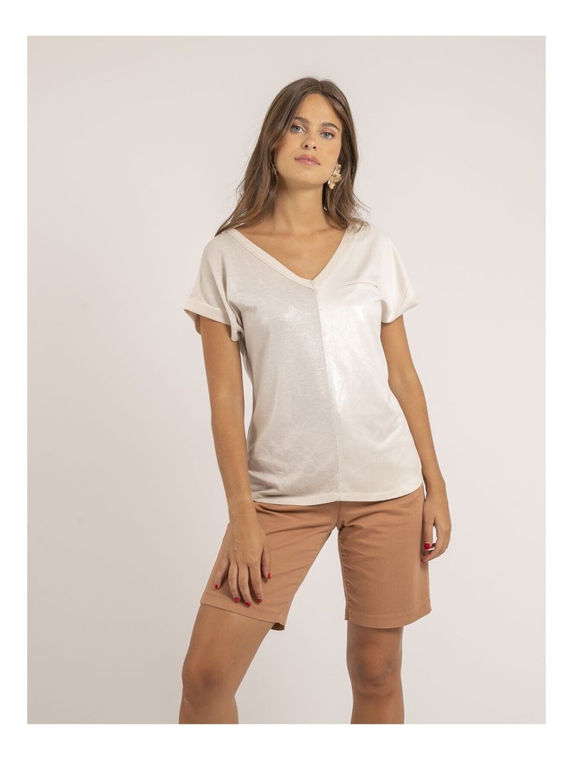 T-shirt col V bimatière FAZZY Rose - Kiabi