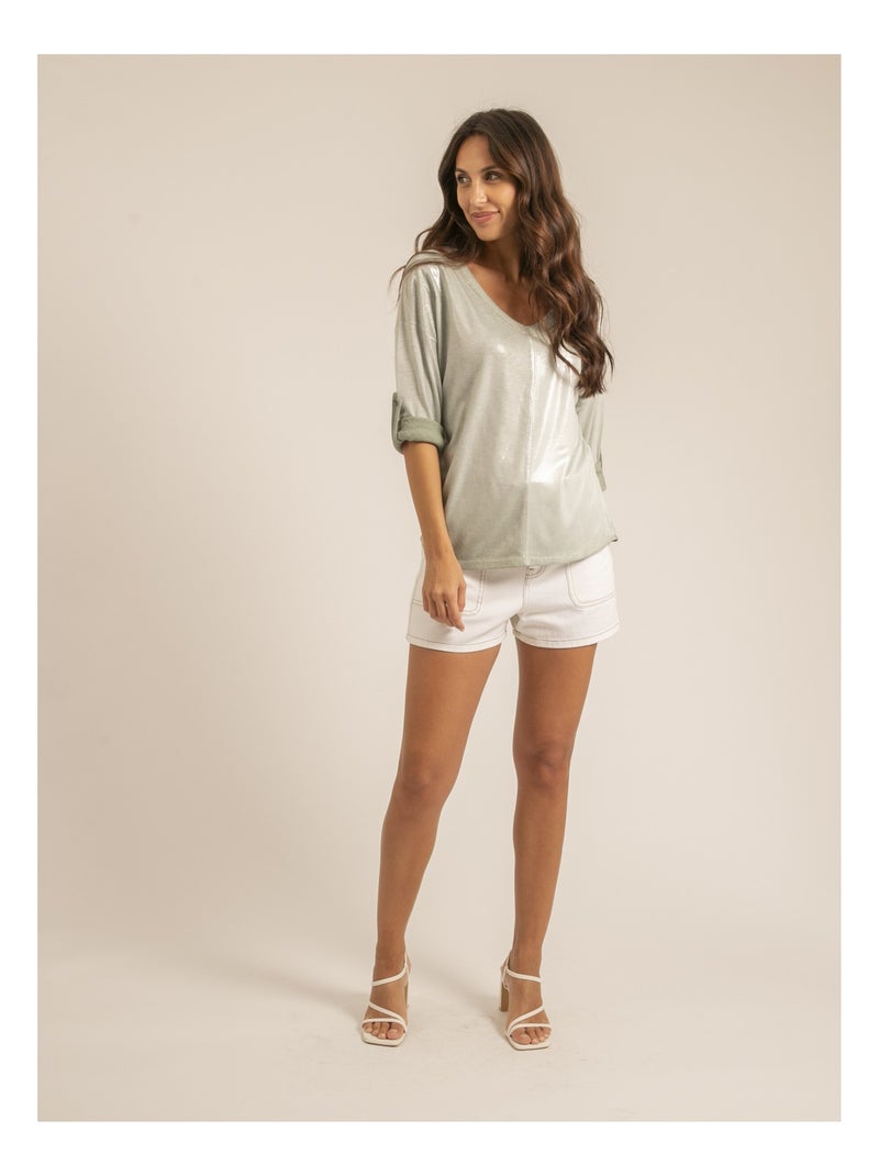 T shirt col V bimatiere FILINIE Kaki - Kiabi