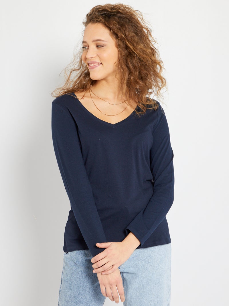 T-shirt col V Bleu marine - Kiabi
