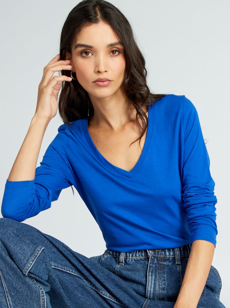 T-shirt col V Bleu - Kiabi