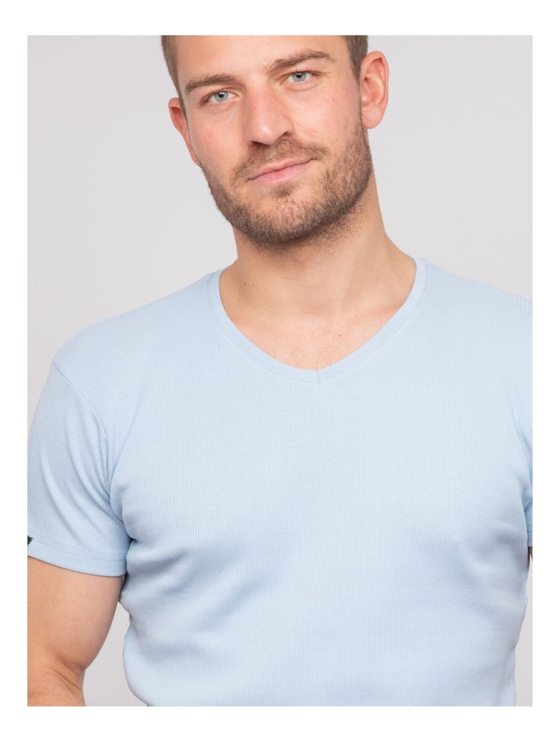 T shirt col V coton cottelé WILLIAM Bleu ciel - Kiabi