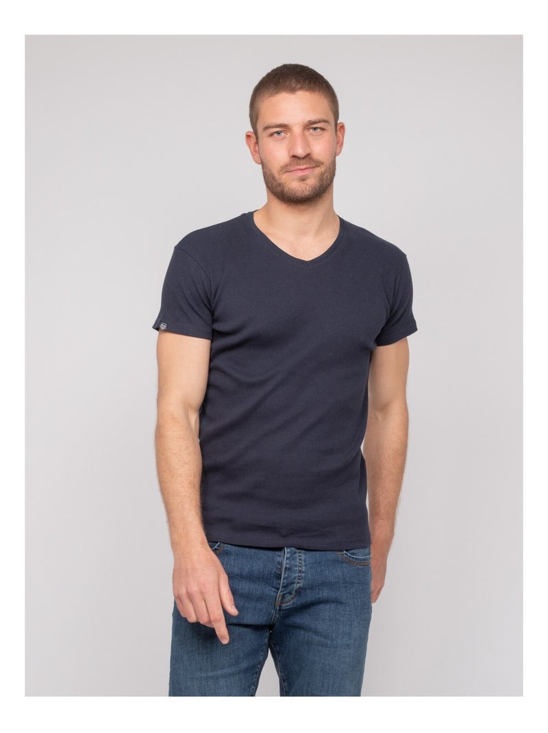 T shirt col V coton cottelé WILLIAM Bleu marine - Kiabi