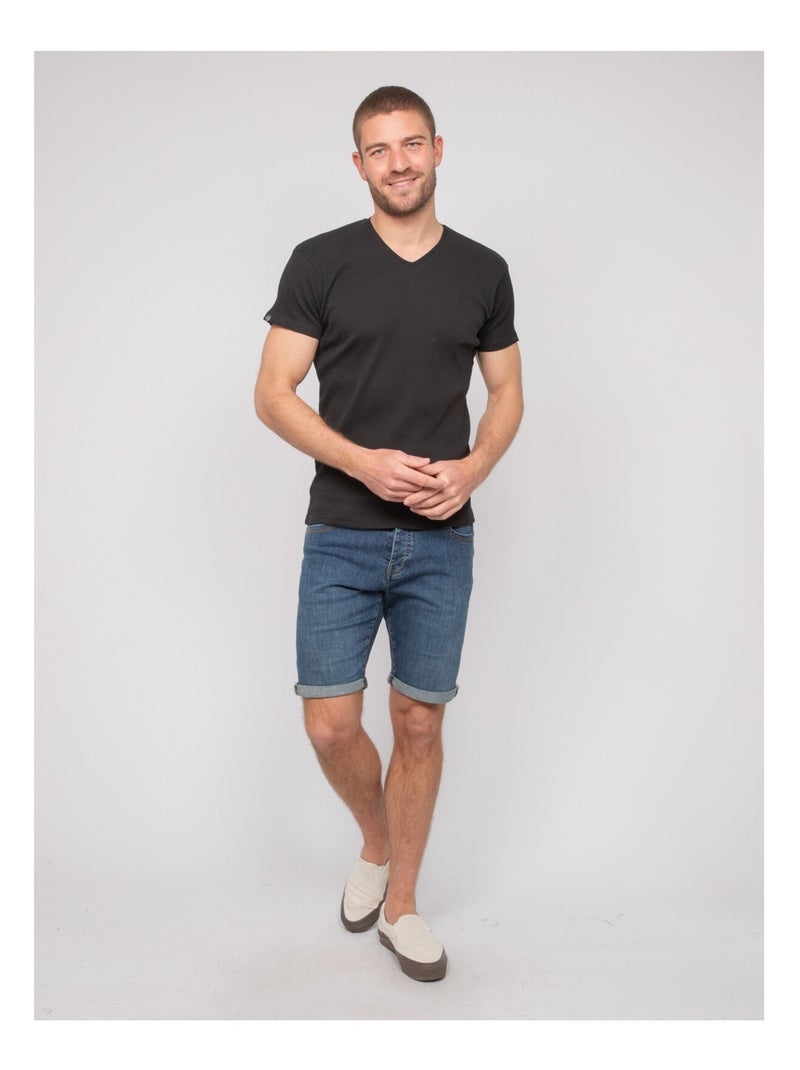T shirt col V coton cottelé WILLIAM Noir - Kiabi