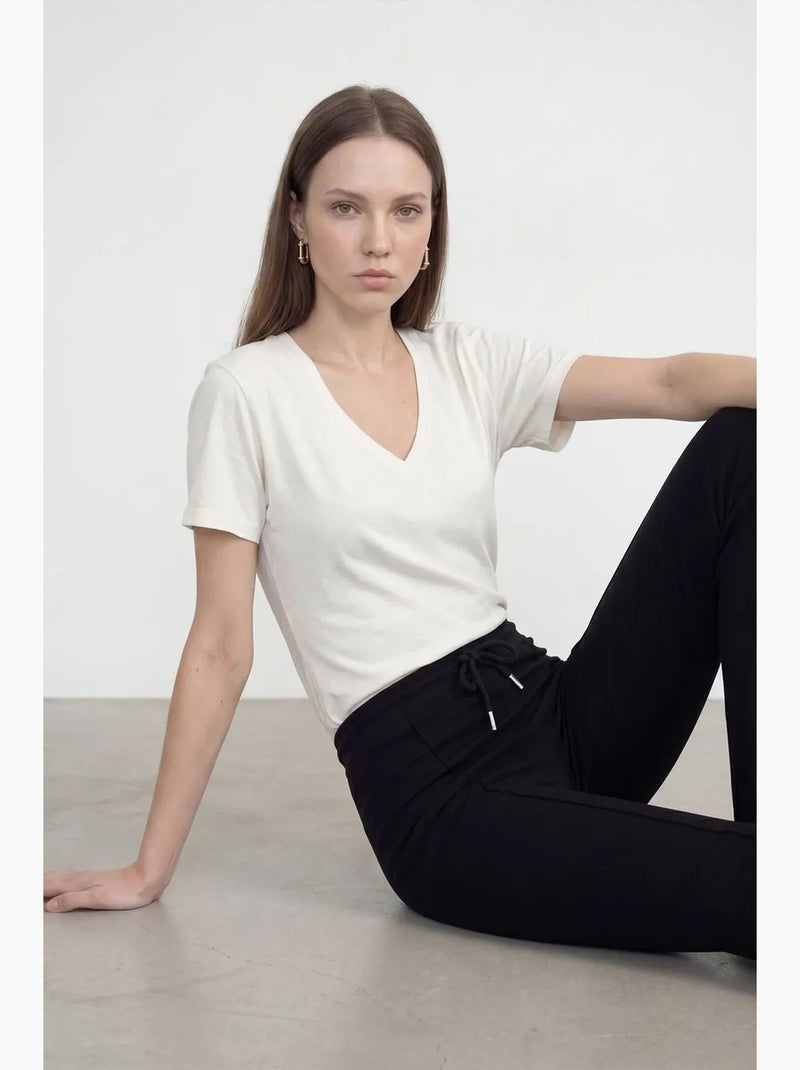 T-shirt col v coton lyocell manches courtes dilvin Blanc cassé - Kiabi