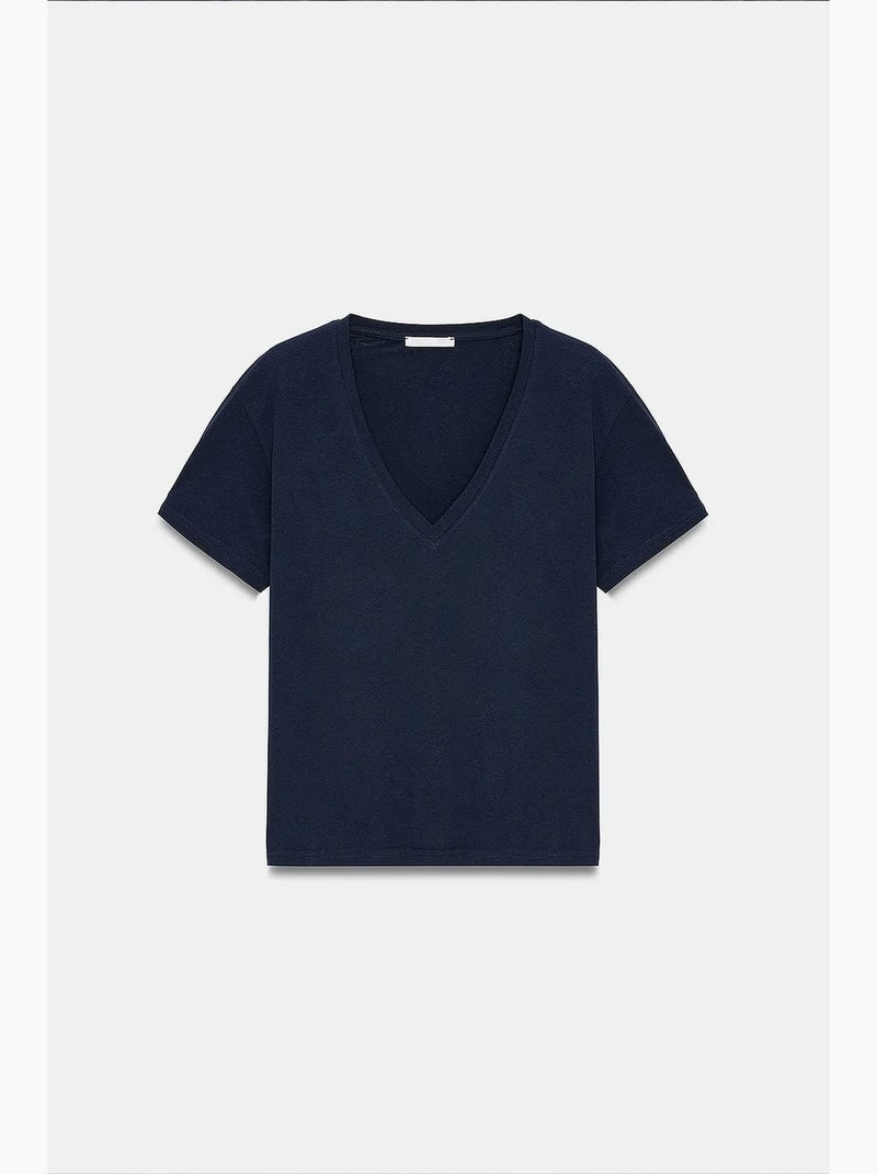 T-shirt col v coton lyocell manches courtes dilvin Bleu marine - Kiabi