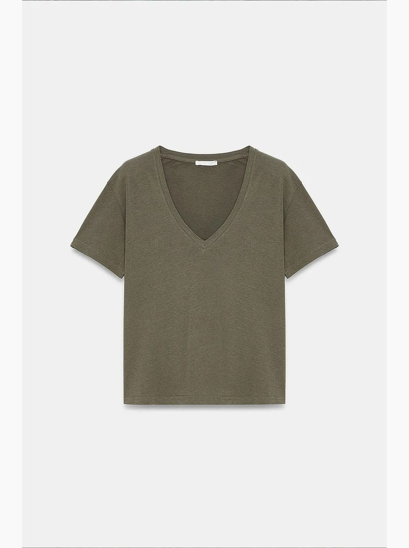 T-shirt col v coton lyocell manches courtes dilvin Kaki - Kiabi