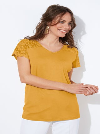 T-shirt col V dentelle et ruban à nouer