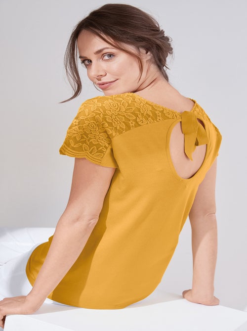 T-shirt col V dentelle et ruban à nouer - Kiabi
