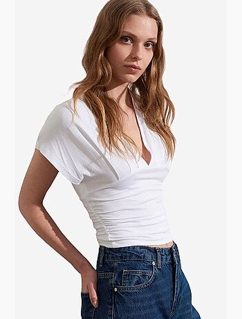 T-shirt col v détail lien manches courtes dilvin