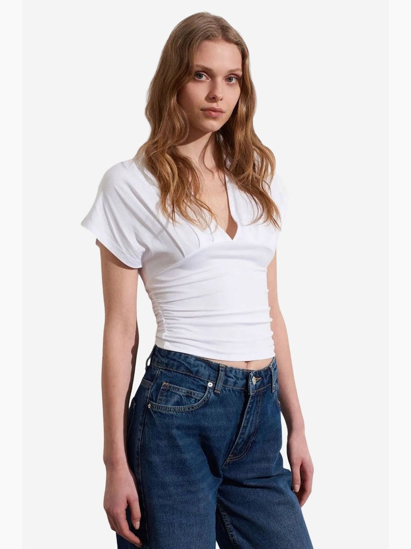 T-shirt col v détail lien manches courtes dilvin Blanc - Kiabi