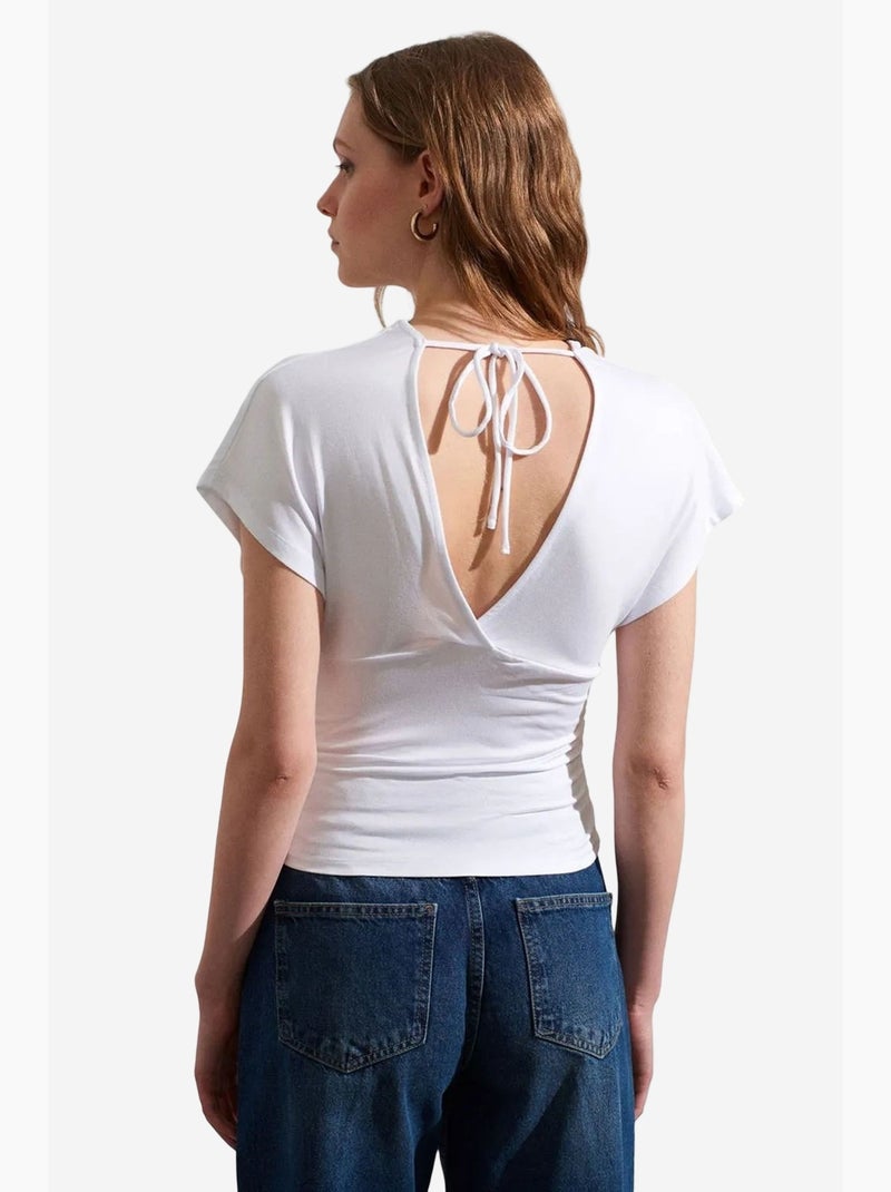 T-shirt col v détail lien manches courtes dilvin Blanc - Kiabi