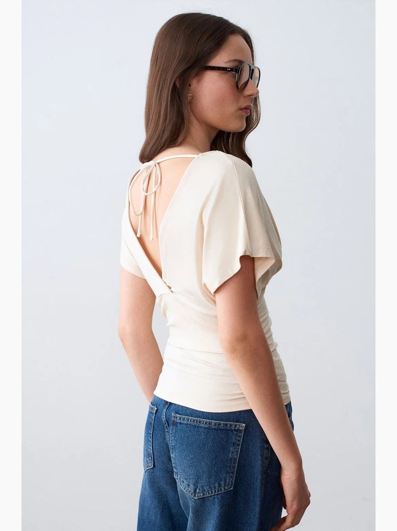 T-shirt col v détail lien manches courtes dilvin Crème - Kiabi