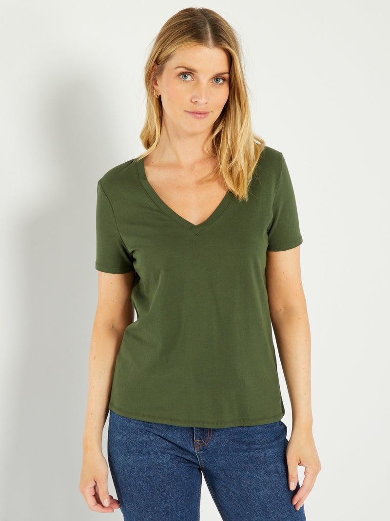 T-shirt col V en jersey Kaki - Kiabi