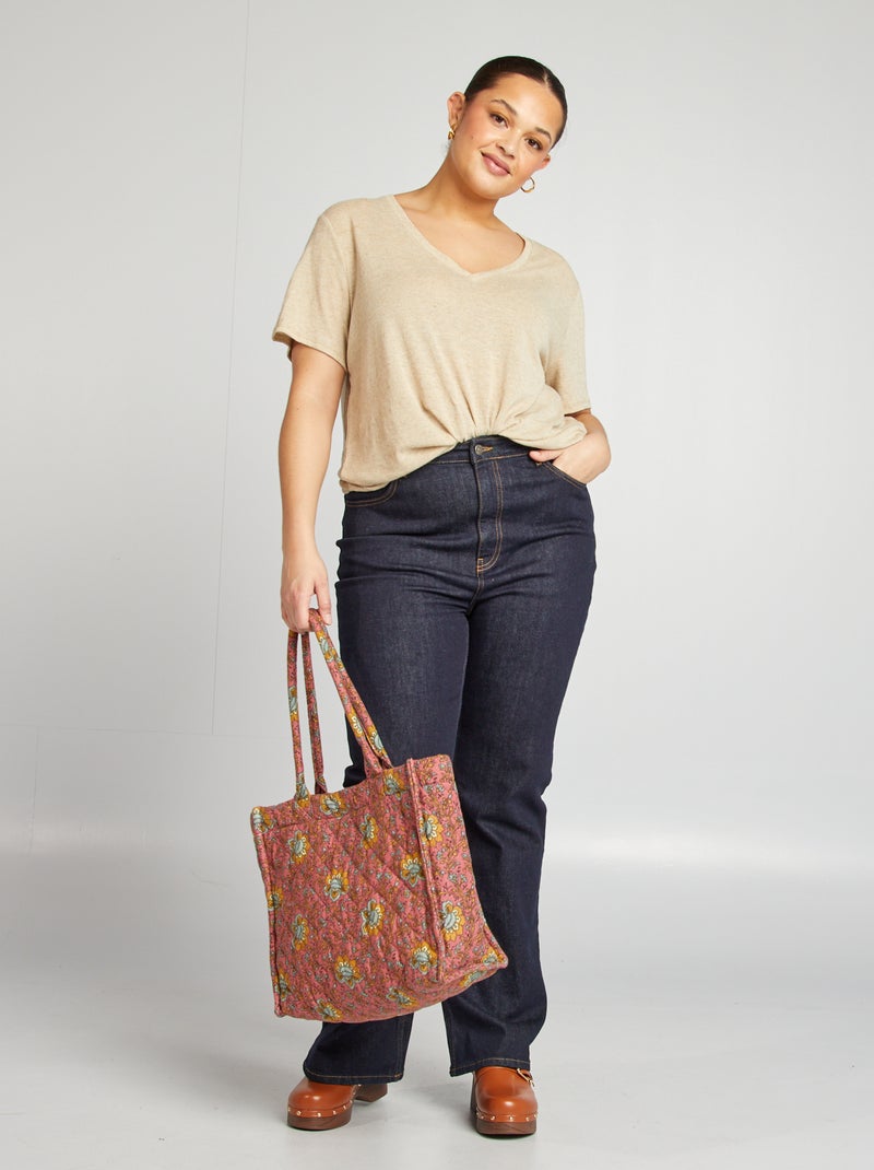 T-shirt col V en lin mélangé BLANC - Kiabi