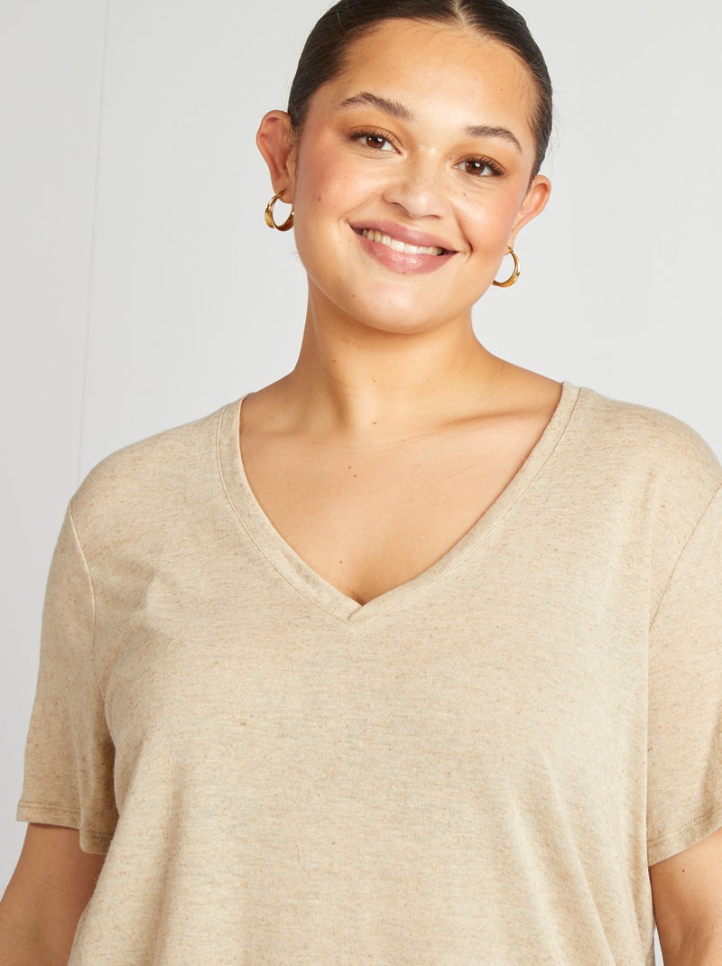 T-shirt col V en lin mélangé BLANC - Kiabi