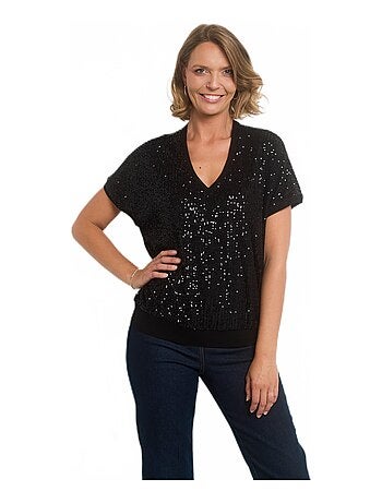 T-shirt col V en résille avec sequins