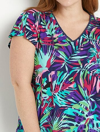 T-shirt col V évasé manches courtes