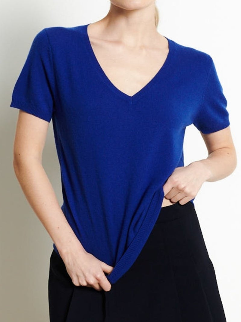 T-shirt col V femme 100% cachemire - LILLY 14 Bleu pétrole - Kiabi
