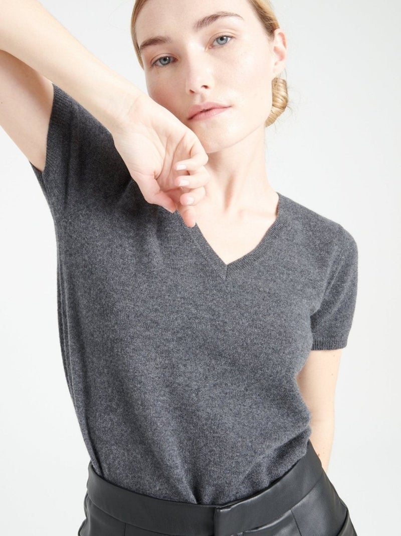 T-shirt col V femme 100% cachemire - LILLY 14 gris anthracite - Kiabi