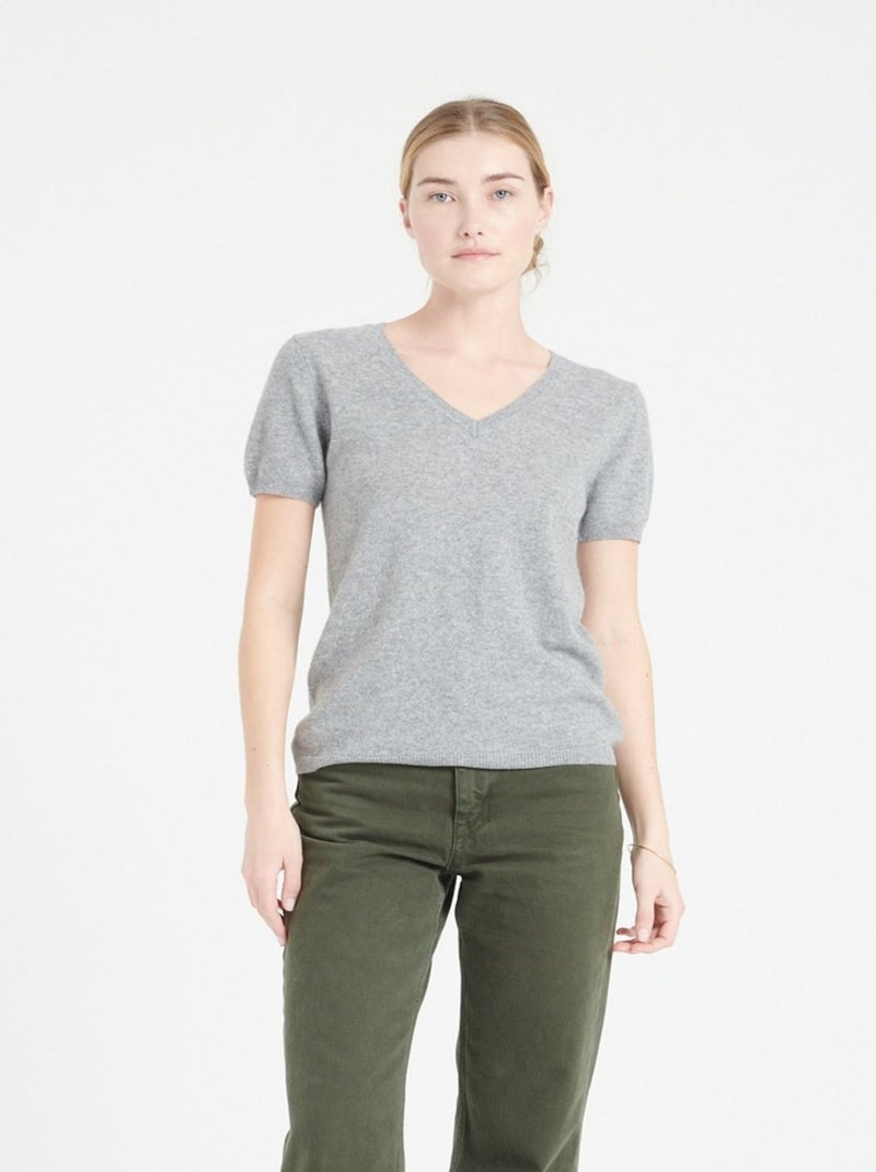 T-shirt col V femme 100% cachemire - LILLY 14 Gris clair - Kiabi
