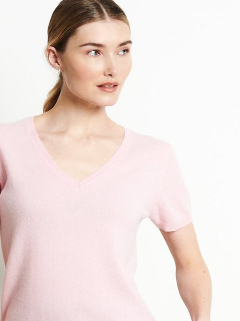 T-shirt col V femme 100% cachemire - LILLY 14 Rose clair - Kiabi