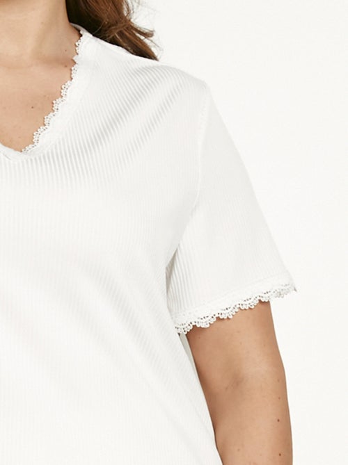 T-shirt col V fines côtes dentelle manches courtes - Kiabi