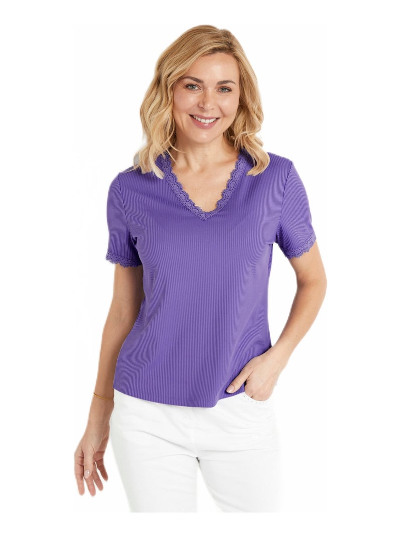 T-shirt col V fines côtes dentelle manches courtes Violet clair - Kiabi